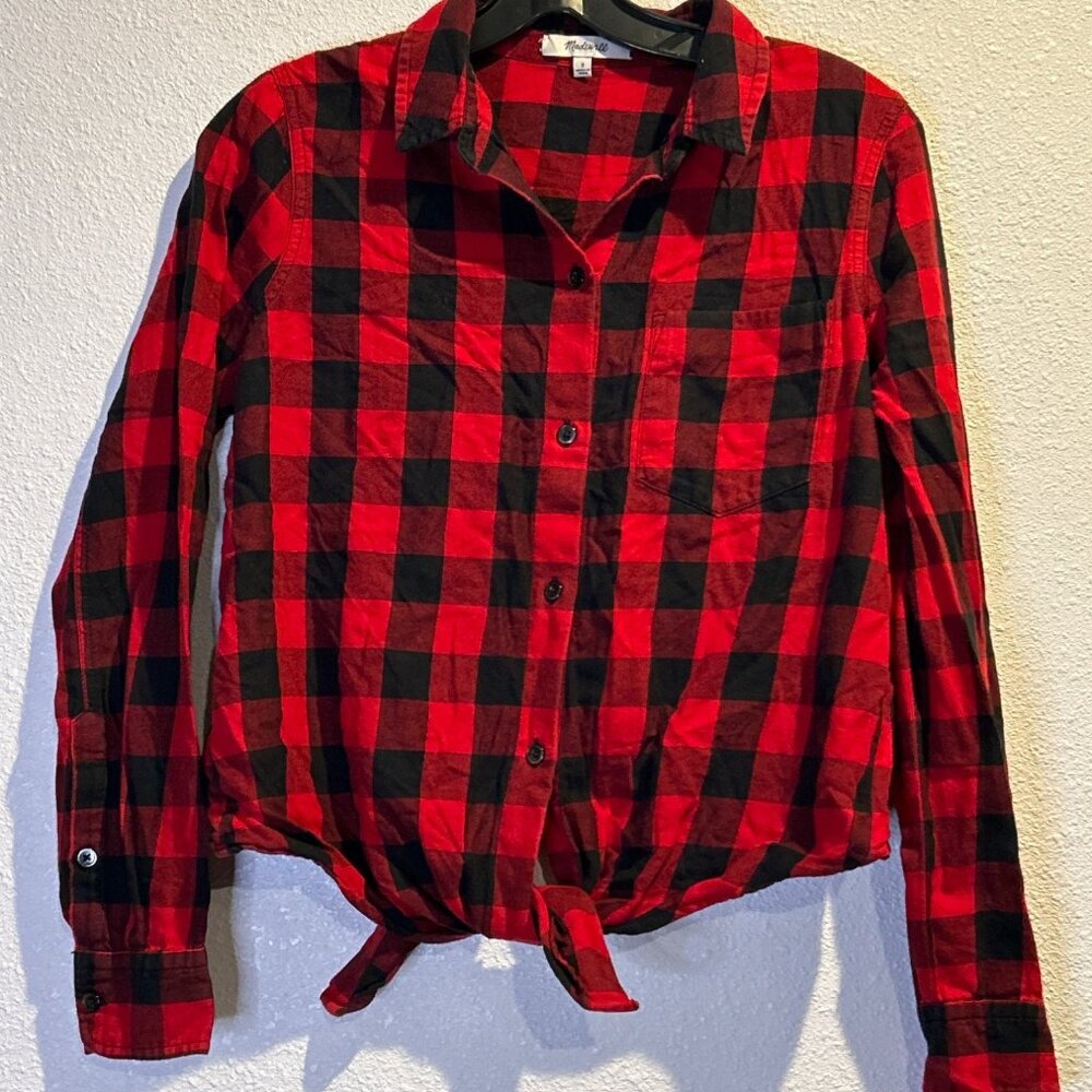 Madewell Womens SMALL Red Tie Front Buffalo Plaid Flannel Button Up